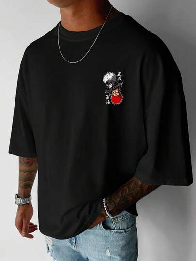 قميص تي شيرت كم قصير برقبة طاقم بطبعات الرسوم المتحركة ذات طابع بسيط، صيفي