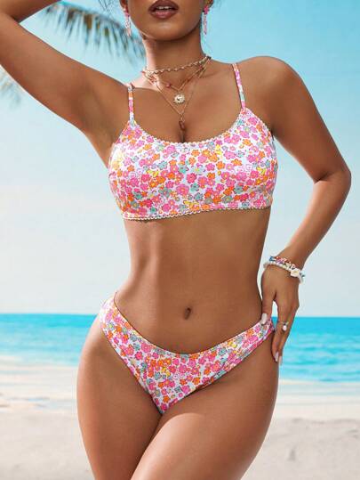 طقم تانكيني حريمي Swim Mod مجموعة بيكيني ملابس علوية فاسخ الحمالة محصور للنساء مزخرفة برسوم الأزهار المزهرة، قابل للتعديل, مناسب للاستخدام في شاطئ الصيف والإجازات
