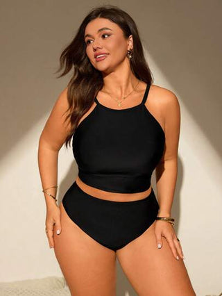 Swim Lushoire بدلة سباحة قياس كبير نسائية من قطعتين بلون أحادي أناقة وكاجوال