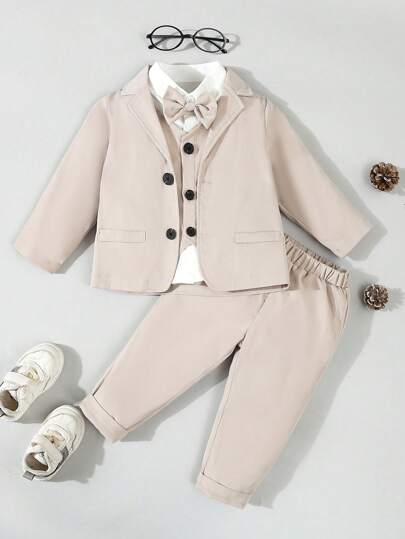 SHEIN 4 حبة/مجموعة ملابس رسمية لطفل صبي بشكل أنيق - قميص بفراشة + صدرية + جاكيت بدلة + بنطلون، بدلة زفاف و عرض مسرحي