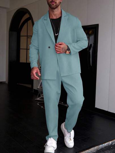 Manfinity Homme طقم بدلة رجالية بسستة واحدة وبنطال من لون واحد
