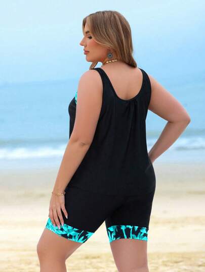 SHEIN Swim Curve طقم بكيني مطبوع بأشجار جوز الهند للمقاسات الكبيرة، بقصة رقعة، لفصل الصيف وعطلة الشاطئ
