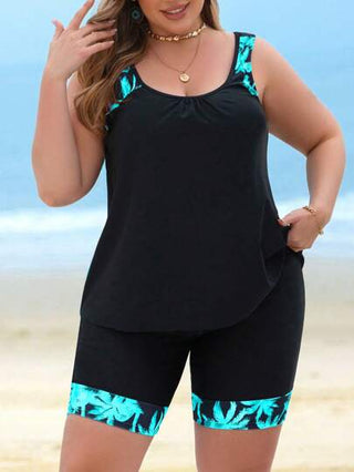 SHEIN Swim Curve طقم بكيني مطبوع بأشجار جوز الهند للمقاسات الكبيرة، بقصة رقعة، لفصل الصيف وعطلة الشاطئ