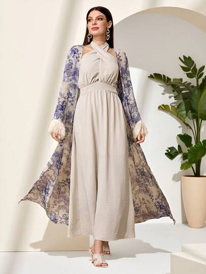 Al Najma طقم عباية وردي بنمط زهري مطبوع من المخمل الاصطناعي، إطلالة عربية
