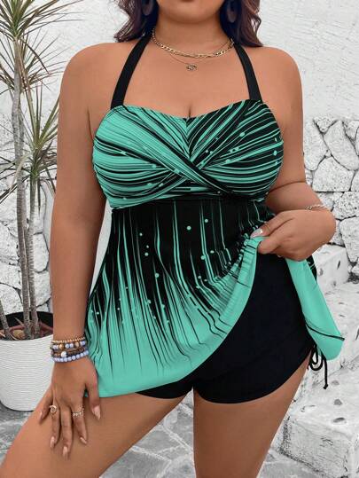 Swim Lushoire مجموعة مكونة من قطعتين لمقاسات كبيرة: توب مطبوع قصير وشورت عالي الخصر باللون الأحادي مع رباط، قياس ضيق، ملابس سباحة بحمالات رفيعة وظهر مكشوف بأسلوب عارضي