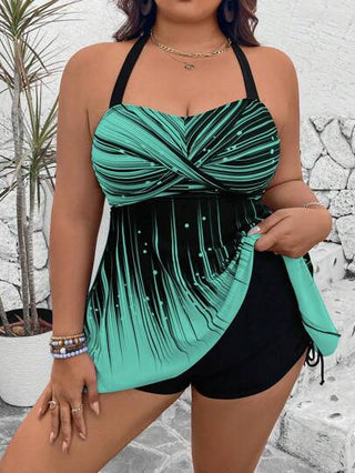 Swim Lushoire مجموعة مكونة من قطعتين لمقاسات كبيرة: توب مطبوع قصير وشورت عالي الخصر باللون الأحادي مع رباط، قياس ضيق، ملابس سباحة بحمالات رفيعة وظهر مكشوف بأسلوب عارضي