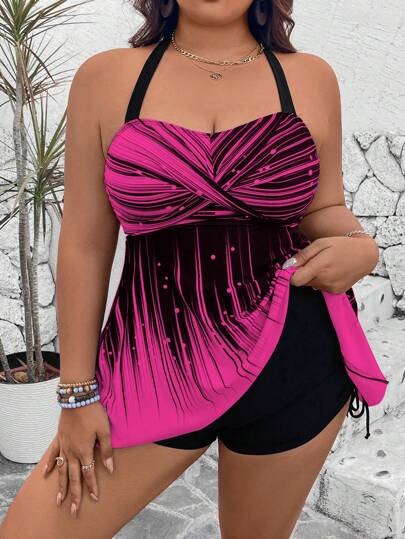 Swim Lushoire مجموعة فستان من قطعتين للمقاسات الكبيرة، ملابس علوية بطبعات, أسفل بشورت خصر عالي بلون واحد، الأعلى بحمالات رفيعة متقاطفة من الأمام والخلف بلا ظهر، الأسفل بخصر رباط، ملابس علوية كاجوال بطراز بيكيني
