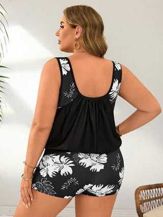 Swim Lushoire قطعتان/طقم بحجم كبير لملابس نسائية ، بدلة سباحة تانكيني مع طبعة زهور استوائية بتصميم ظهر مكشوف ، ملابس كاجوال وأنيقة للأجازات والمنتجعات