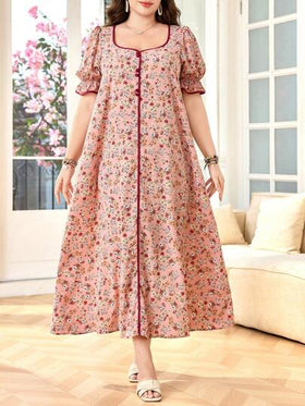 SHEIN Lacomfia فستان برقبة مربعة بأكمام منتفخة فضفاض مريح بنقشة زهور دقيقة رومانسية المقاس الكبير للنساء