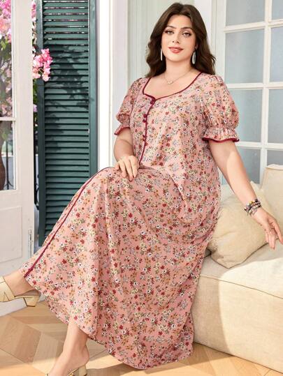 SHEIN Lacomfia فستان برقبة مربعة بأكمام منتفخة فضفاض مريح بنقشة زهور دقيقة رومانسية المقاس الكبير للنساء