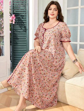 SHEIN Lacomfia فستان برقبة مربعة بأكمام منتفخة فضفاض مريح بنقشة زهور دقيقة رومانسية المقاس الكبير للنساء