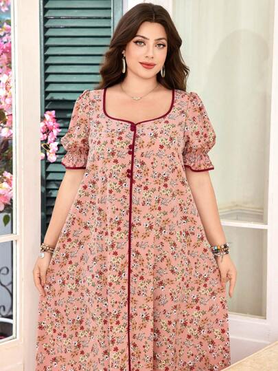 SHEIN Lacomfia فستان برقبة مربعة بأكمام منتفخة فضفاض مريح بنقشة زهور دقيقة رومانسية المقاس الكبير للنساء