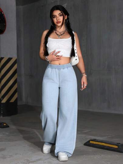 SHEIN PETITE سراويل جينز نسائية فضفاضة بأرجل واسعة مع جيوب، سراويل كاجوال متعددة الاستخدامات