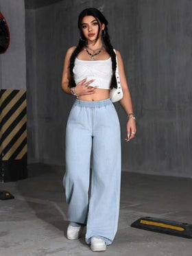 SHEIN PETITE سراويل جينز نسائية فضفاضة بأرجل واسعة مع جيوب، سراويل كاجوال متعددة الاستخدامات