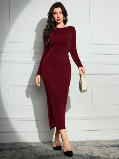 Modelyn فستان أنيق مصنوع من القماش المقلد مزين باللؤلؤ وأكمام طويلة مناسب للسيدات