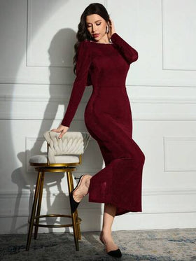 Modelyn فستان أنيق مصنوع من القماش المقلد مزين باللؤلؤ وأكمام طويلة مناسب للسيدات