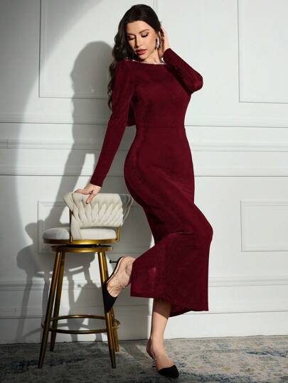Modelyn فستان أنيق مصنوع من القماش المقلد مزين باللؤلؤ وأكمام طويلة مناسب للسيدات