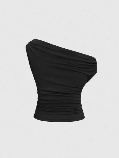 SHEIN Tall ملابس علوية كاجوال أسود قابل للعكس مناسب للفتيات الطويلات، منقوش بأزرار ذهبية للتزيين، ملابس علوية مربعة من الأمام ذات كتف منحرف وطيات