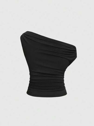 SHEIN Tall ملابس علوية كاجوال أسود قابل للعكس مناسب للفتيات الطويلات، منقوش بأزرار ذهبية للتزيين، ملابس علوية مربعة من الأمام ذات كتف منحرف وطيات