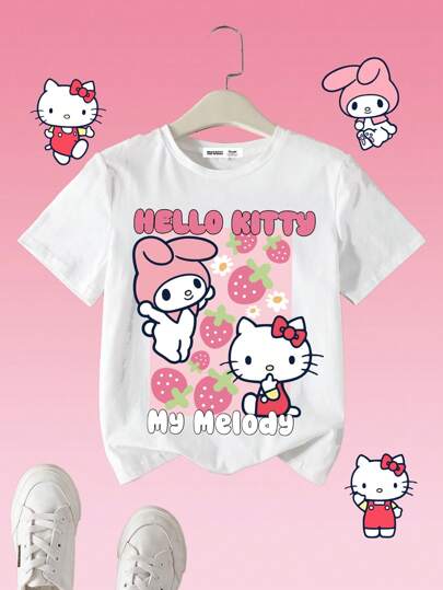 تيشيرتات بناتي HELLO KITTY AND FRIENDS |  تي شيرت تي شيرت فتاة مراهقة مريح ذو رقبة مستديرة وأكمام قصيرة بطبعات فراولة وردية كرتونية جميلة، للربيع والصيف