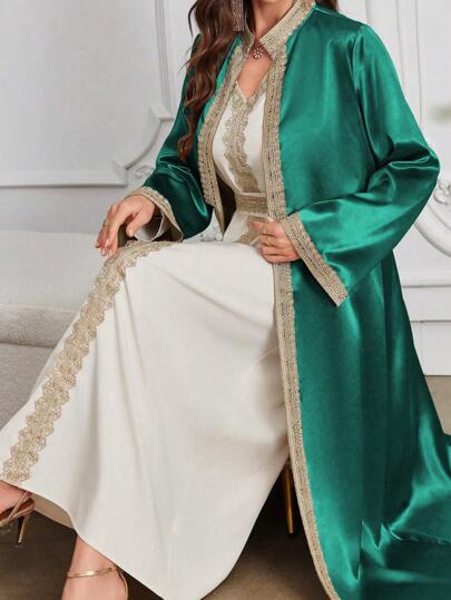 Layrah طقم عباءة وفستان ذو تصميم ملائم مكون من تفتيل الدانتيل المذاب في الماء،أسلوب أزياء إسلامي مغربي أنيق للاستخدام في المناسبات والتجمعات بأناقة وفخامة للسهرات المسائية