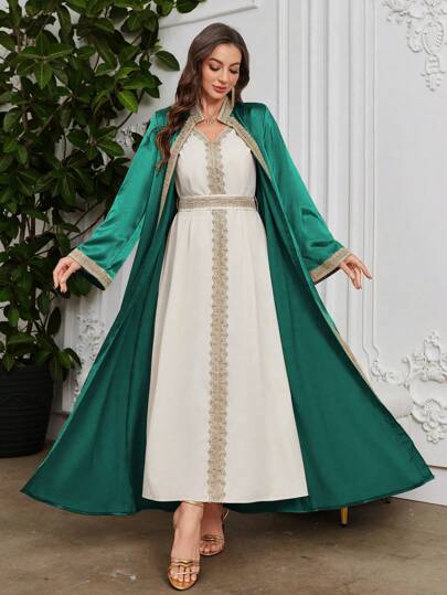 Layrah طقم عباءة وفستان ذو تصميم ملائم مكون من تفتيل الدانتيل المذاب في الماء،أسلوب أزياء إسلامي مغربي أنيق للاستخدام في المناسبات والتجمعات بأناقة وفخامة للسهرات المسائية