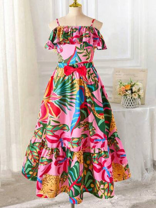 ملابس بناتي مجموعة بقطعتين للبنات في سن المراهقة مكونة من ملابس علوية كتفين مكشوفين برياش وتنورة ماكسي ذات طباعة استوائية، للارتداء في العطلات