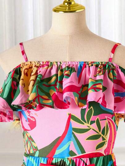 ملابس بناتي مجموعة بقطعتين للبنات في سن المراهقة مكونة من ملابس علوية كتفين مكشوفين برياش وتنورة ماكسي ذات طباعة استوائية، للارتداء في العطلات