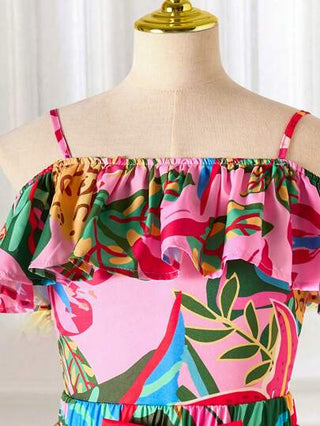 ملابس بناتي مجموعة بقطعتين للبنات في سن المراهقة مكونة من ملابس علوية كتفين مكشوفين برياش وتنورة ماكسي ذات طباعة استوائية، للارتداء في العطلات