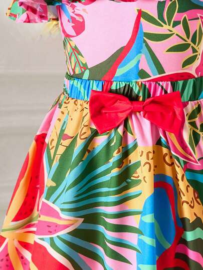 ملابس بناتي مجموعة بقطعتين للبنات في سن المراهقة مكونة من ملابس علوية كتفين مكشوفين برياش وتنورة ماكسي ذات طباعة استوائية، للارتداء في العطلات