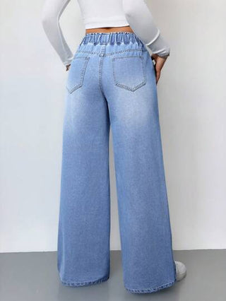 Tall بنطلون واسع الساق على الخصر بارتفاع الخصر للنساء، بنطلون جينز أزرق للنساء، ملابس صيفية للنساء، خصر مطاطي، ملابس صيفية للنساء، ملابس نسائية، بنطلون نسائي واسع الساق، بنطلونات نسائية واسعة الساق