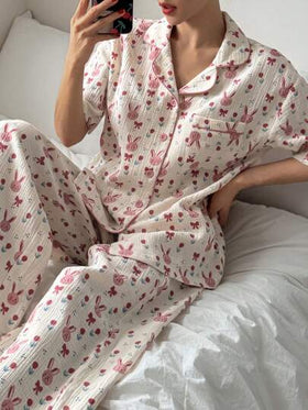 DAZY بيجاما نسائية من قماش مجعد نسيج ذو طبعة أرنب رمضان