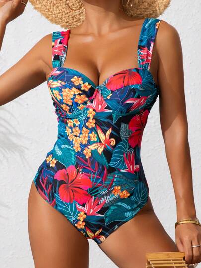 مايوه حريمي قطعة واحدة Swim Lushoire بدلة سباحة قطعة واحدة مزخرفة بنقشة الزهور مزودة بحمالات وسلك داخلي للنساء، مناسبة للشاطئ والعطلات الصيفية