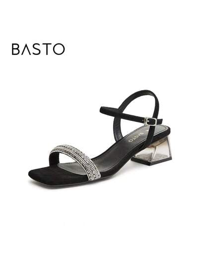 BASTO صندل نساء بكعب سميك عصري، لون سادة أنيق متعدد الاستخدامات للتنقل