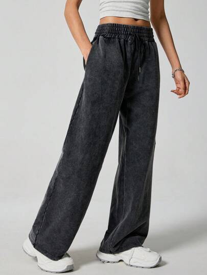 SHEIN EZwear كولوت أسود محبوك للنساء مع خصر قابل للشد، بتصميم فضفاض وعصري