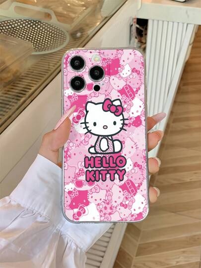 Sanrio قطعة واحدة غطاء هاتف محمول مانع للانزلاق ومقاوم للصدمات، شفاف معالج بطباعة نمط سانريو كيتي، مصنوع من مادة TPU مناسب لهواتف آيفون 16/16 بلس/16 برو/16 برو ماكس