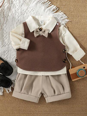 SHEIN طقم بنطلون للأطفال الذكور 3 قطع: قميص كم طويل أحادي اللون، سترة منسوجة مخططة، وشورت أحادي اللون بسحاب، أنيق وأنيق، مناسب للحفلات في الربيع والخريف