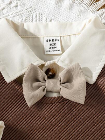 SHEIN طقم بنطلون للأطفال الذكور 3 قطع: قميص كم طويل أحادي اللون، سترة منسوجة مخططة، وشورت أحادي اللون بسحاب، أنيق وأنيق، مناسب للحفلات في الربيع والخريف