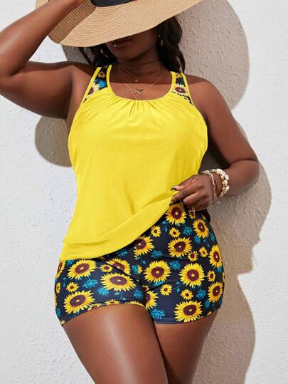 SHEIN Swim Curve مجموعة ملابس سباحة بأربطة رفيعة وخصر مرتفع من ذوي الأحجام الكبيرة، ذات طباعة عشوائية
