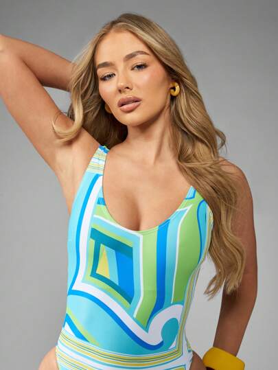 مايوه حريمي قطعة واحدة MISSGUIDED بذلة سباحة قطعة واحدة مقطوعة ملابس علوية من النمط الهندسي الرجعي، مناسبة للصيف والشاطئ والحفلات والرياضة، قصة كلاسيكية بظهر مقطوع ونصف ساق عالية