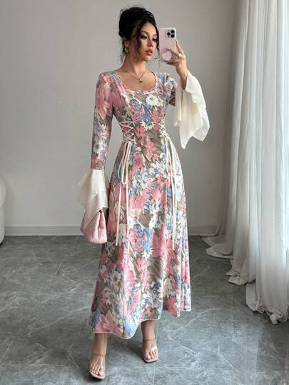 فساتين حريمي Modelyn العيد فستان أنيق طويل بطبعات زهرية مطرزة بالدانتيل