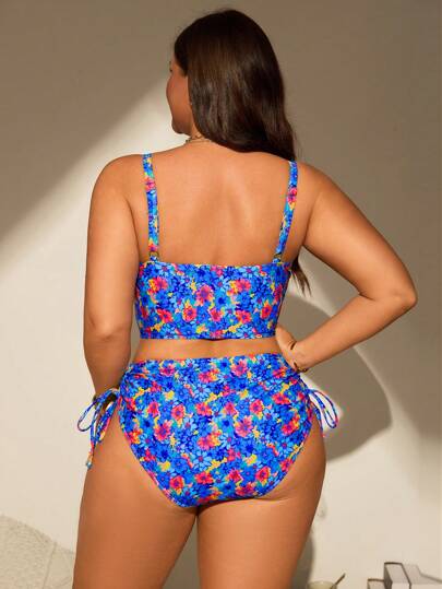 Swim Mod مجموعة ملابس سباحة من قطعتين للنساء ذوات الحجم الكبير، عبارة عن بكيني مزخرف بزهور صغيرة، قصير الخصر مع ربطة، أشرطة سميكة قابلة للتعديل