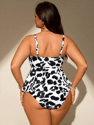 Swim Lushoire مجموعة إكسسوارات حمام سباحة للمرأة البدينة: 2 قطع توب بحمالات سباغيتي وطبعة جلد الفهد مع حبل ربط, وبكيني بخصر عالي وتفاصيل كشكشة مثلثية