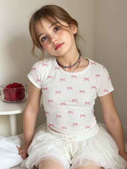 ملابس بناتي Girlism تي شيرت صيفي كاجوال للبنات المراهقات كم قصير طاقم رقبة، مطبوع برباط وردي صغير، قصير وضيق