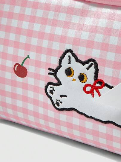 ROMWE Kawaii حقيبة منظم مستحضرات تجميل ذات سعة كبيرة بطبعة قطة بنمط الشيكر الوردي الجميل 1368226