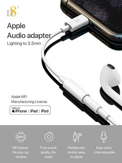 محول من Lightning إلى 3.5 مم لسماعات الرأس والصوت D8 المصادق عليه من MFI ، محول دونجل استريو ميكروفون Hi-Fi مع محول رقمي - تناظري يتوافق مع أجهزة 14 13 12 11 Pro Max/X XS Max XR/8 7 Plus و iPad