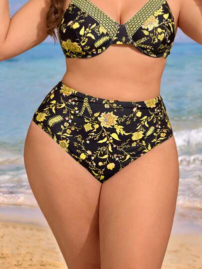 Swim Lushoire قطعة واحدة من بيكيني القطع العلوي والسفلي بطبعة زهرية للنساء ذوات الحجم الكبير ذات خصر عالي أنيق وبسيط
