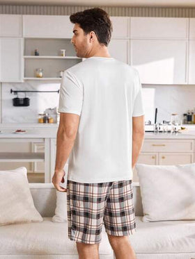 SHEIN مجموعة بيجامات مطابقة للأزواج رسم كوب القهوة الكاجوال المخطط
