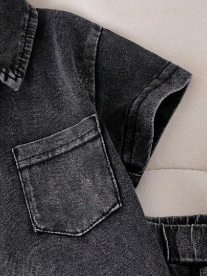 SHEIN Genkimix Kids طقم فضفاض 2 قطع للأطفال الصغار، قميص كم قصير أسود وجاكيت، أزياء موضة شارع خارجي