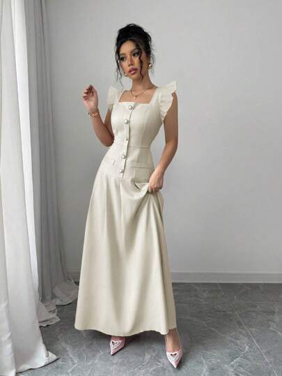 Chiquease فستان أنيق أبوهي للصيف, فستان طويل للنساء مزين بأزرار متلألئة, بياقة مربعة وأكمام مقلنسة وخصر مطوي على شكل خط A وبسحاب وجيوب وهمية